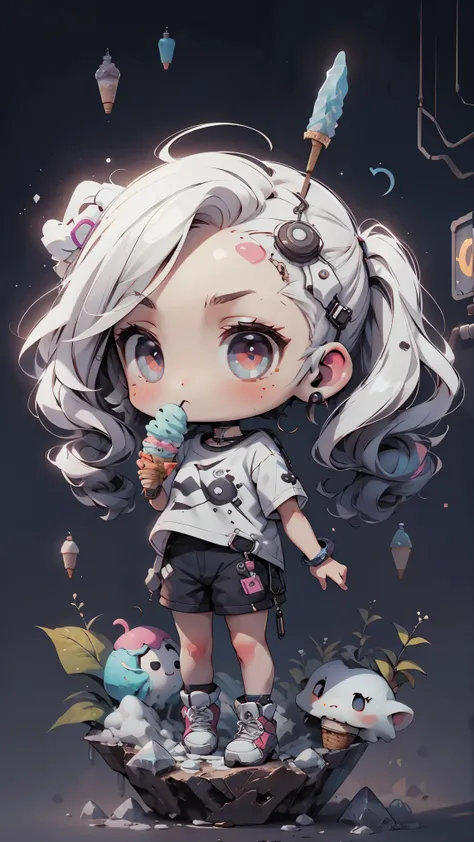 plastic, 1 girl, Chibi T-shirt, cyberpunk, Premium Ground, dot, ice cream texture, deep , Fundo white ,white
