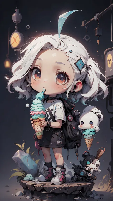 plastic, 1 girl, Chibi T-shirt, cyberpunk, Premium Ground, dot, ice cream texture, deep , Fundo white ,white