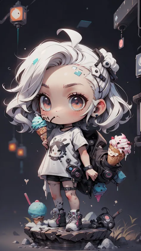 plastic, 1 girl, Chibi T-shirt, cyberpunk, Premium Ground, dot, ice cream texture, deep , Fundo white ,white