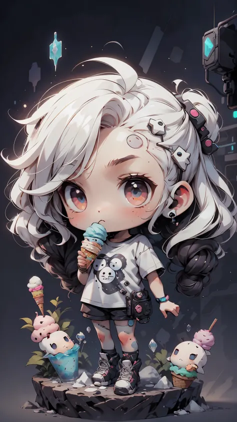 plastic, 1 girl, Chibi T-shirt, cyberpunk, Premium Ground, dot, ice cream texture, deep , Fundo white ,white