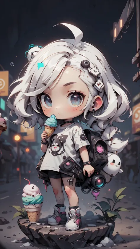 plastic, 1 girl, Chibi T-shirt, cyberpunk, Premium Ground, dot, ice cream texture, deep , Fundo white ,white