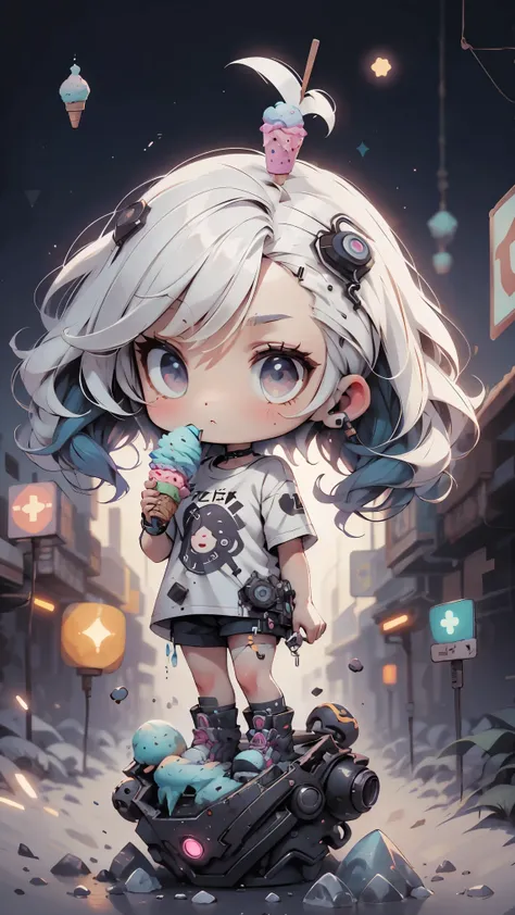 plastic, 1 girl, Chibi T-shirt, cyberpunk, Premium Ground, dot, ice cream texture, deep , Fundo white ,white