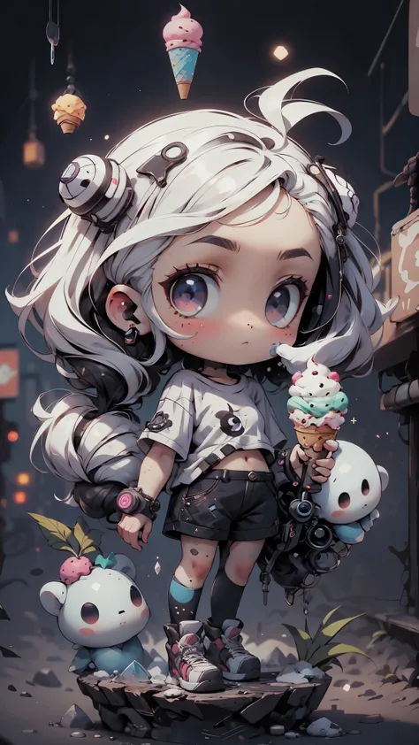 plastic, 1 girl, Chibi T-shirt, cyberpunk, Premium Ground, dot, ice cream texture, deep , Fundo white ,white