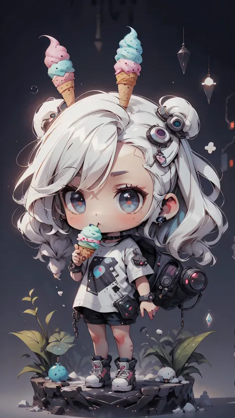 plastic, 1 girl, Chibi T-shirt, cyberpunk, Premium Ground, dot, ice cream texture, deep , Fundo white ,white