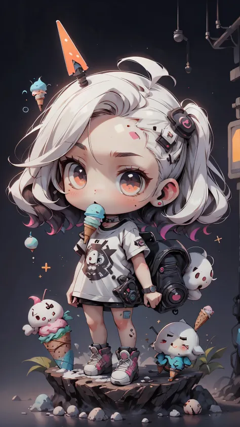plastic, 1 girl, Chibi T-shirt, cyberpunk, Premium Ground, dot, ice cream texture, deep , Fundo white ,white