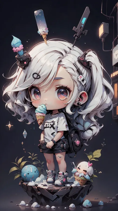 plastic, 1 girl, Chibi T-shirt, cyberpunk, Premium Ground, dot, ice cream texture, deep , Fundo white ,white