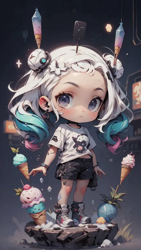 plastic, 1 girl, Chibi T-shirt, cyberpunk, Premium Ground, dot, ice cream texture, deep , Fundo white ,white
