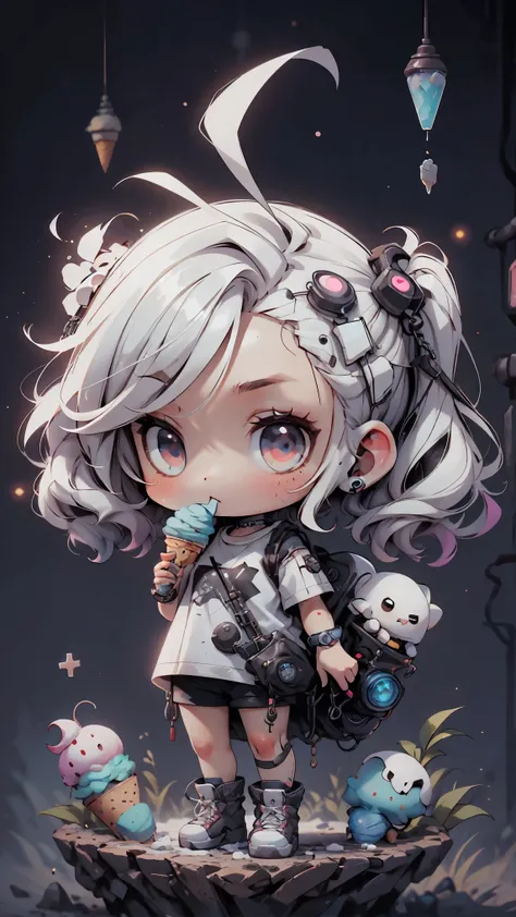 plastic, 1 girl, Chibi T-shirt, cyberpunk, Premium Ground, dot, ice cream texture, deep , Fundo white ,white