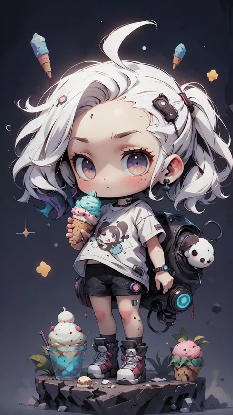 plastic, 1 girl, Chibi T-shirt, cyberpunk, Premium Ground, dot, ice cream texture, deep , Fundo white ,white