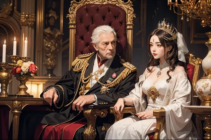 In a breathtaking masterpiece,、The king and queen are seated between the thrones。are full of grandeur and majesty、The majestic presence of the two people who radiate elegance and strength、they stand out even more。The Queen's expressive eyes、with deep wisdo...
