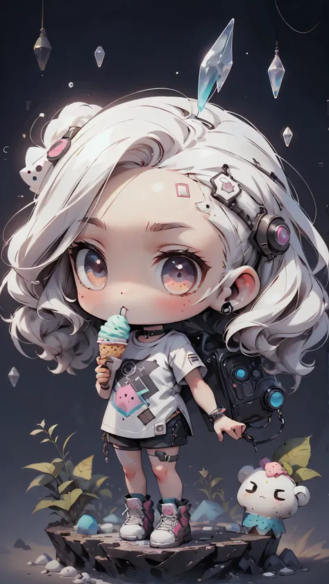 plastic, 1 girl, Chibi T-shirt, cyberpunk, Premium Ground, dot, ice cream texture, deep , Fundo white ,white