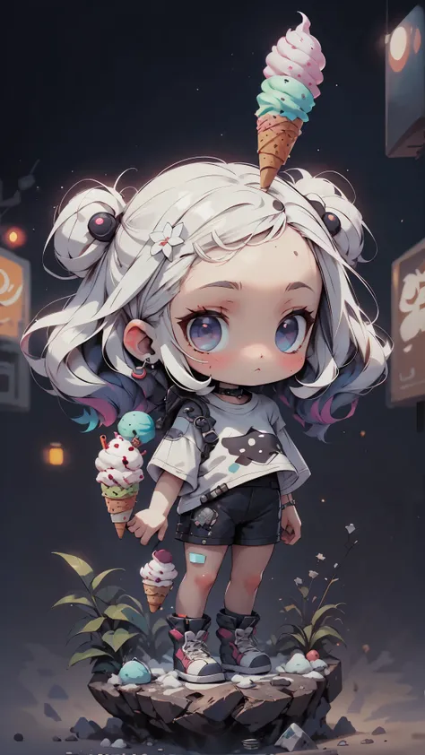plastic, 1 girl, Chibi T-shirt, cyberpunk, Premium Ground, dot, ice cream texture, deep , Fundo white ,white