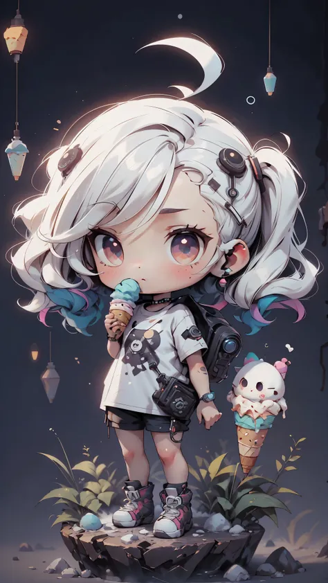 plastic, 1 girl, Chibi T-shirt, cyberpunk, Premium Ground, dot, ice cream texture, deep , Fundo white ,white