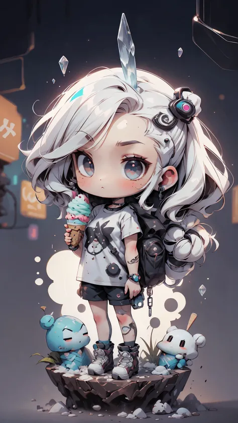 plastic, 1 girl, Chibi T-shirt, cyberpunk, Premium Ground, dot, ice cream texture, deep , Fundo white ,white