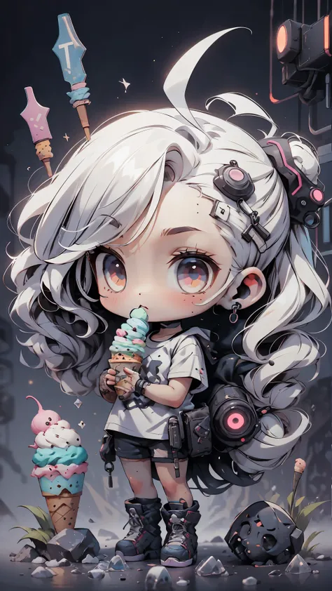 plastic, 1 girl, Chibi T-shirt, cyberpunk, Premium Ground, dot, ice cream texture, deep , Fundo white ,white