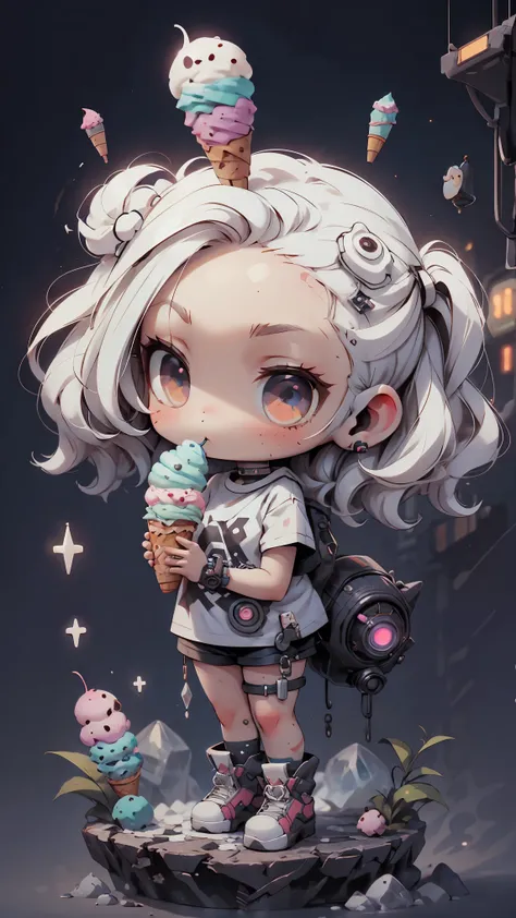 plastic, 1 girl, Chibi T-shirt, cyberpunk, Premium Ground, dot, ice cream texture, deep , Fundo white ,white