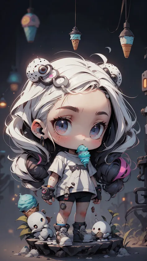 plastic, 1 girl, Chibi T-shirt, cyberpunk, Premium Ground, dot, ice cream texture, deep , Fundo white ,white