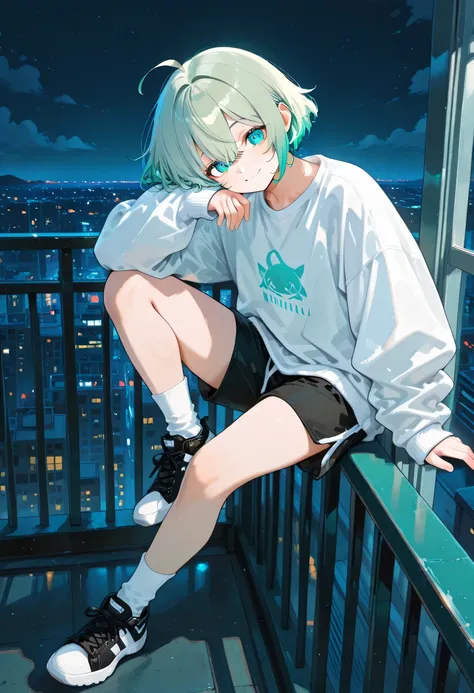 green hair,blue pupil,boy,white sweatshirt, shorts, white socks,black sneakers with left foot,Smile,On the balcony,night