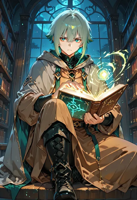green hair,blue pupil,boy,Brown robe, black boots,serious,Holding a magic book in the left hand,In the room,night, up close, gray cape ,library