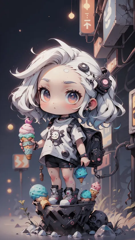 plastic, 1 girl, Chibi T-shirt, cyberpunk, Premium Ground, dot, ice cream texture, deep , Fundo white ,white