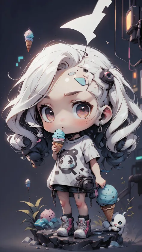 plastic, 1 girl, Chibi T-shirt, cyberpunk, Premium Ground, dot, ice cream texture, deep , Fundo white ,white