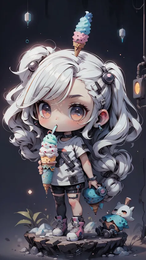 plastic, 1 girl, Chibi T-shirt, cyberpunk, Premium Ground, dot, ice cream texture, deep , Fundo white ,white