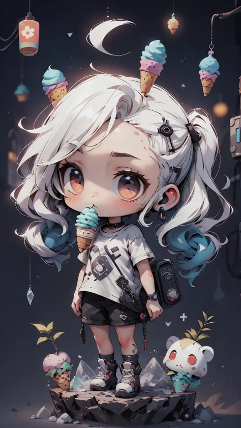 plastic, 1 girl, Chibi T-shirt, cyberpunk, Premium Ground, dot, ice cream texture, deep , Fundo white ,white