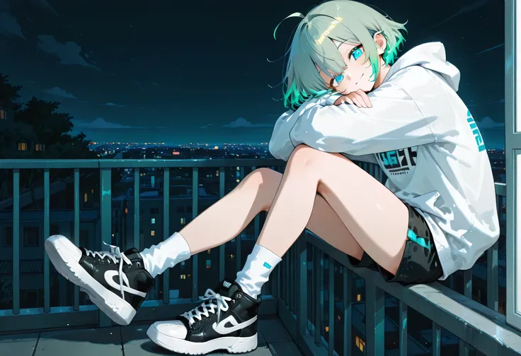 green hair,blue pupil,boy,white sweatshirt, shorts, white socks,black sneakers with left foot,Smile,On the balcony,night