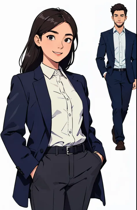 25 year old adult men and women、Office Worker、Central Asian、Slightly brown skin、Clean、is smiling、men wear navy button shirts、women wear tailored jackets、Belt and pants、office casual、 office、white background