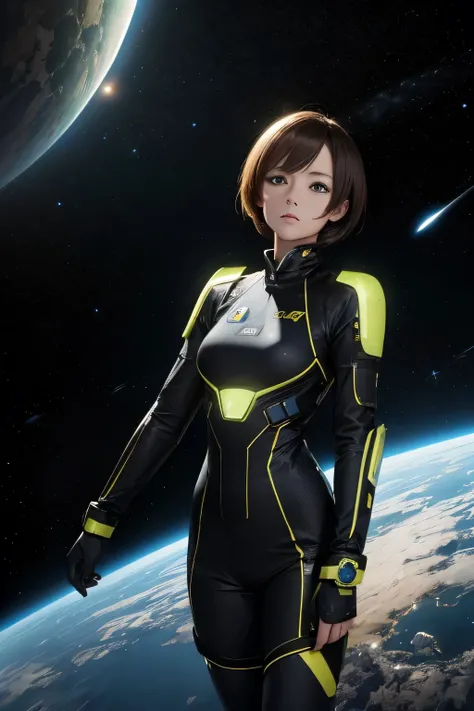 Space ship, captain future, comet, extremely fine and beautiful design, illustration, masterpiece,best quality, high resolution, 8k, sf,space fantasy, extremely beautiful and fain design, extremely fine and beautiful colors, An anime girl with shoulder-len...