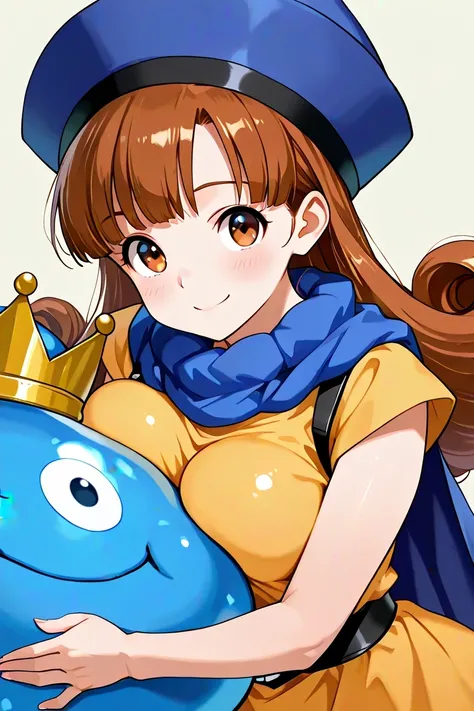 1 girl, breast press:1.3, alena, cheerful smile, brown hair, curly hair, long hair, cape, dress, hat:1.5, holding king slime:1.3, crown, playful atmosphere, looking at viewer, simple background, masterpiece, high detailed, best quality