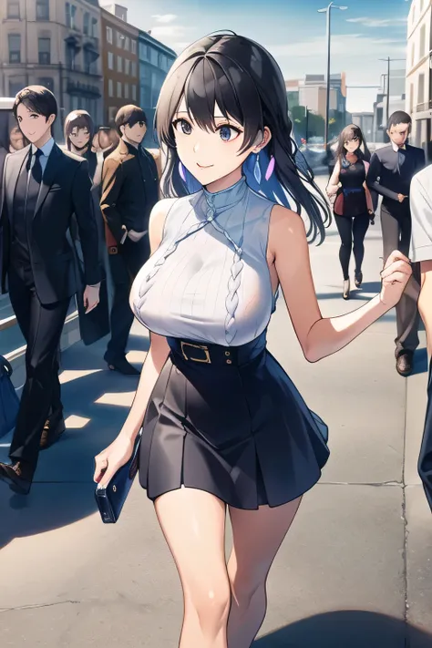 can you draw a woman with a nice smile、My nipples are pointed、It's see-through when it's wet,navy blue pleated mini skirt,I need a face,,I'm drawing a facial expression。draw her expression more delicately,Faces are very important,can you draw a sleeveless ...