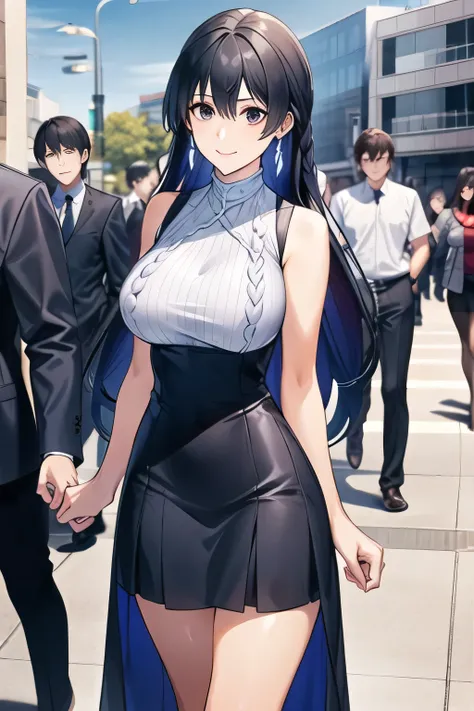 can you draw a woman with a nice smile、My nipples are pointed、It's see-through when it's wet,navy blue pleated mini skirt,I need a face,,I'm drawing a facial expression。draw her expression more delicately,Faces are very important,can you draw a sleeveless ...