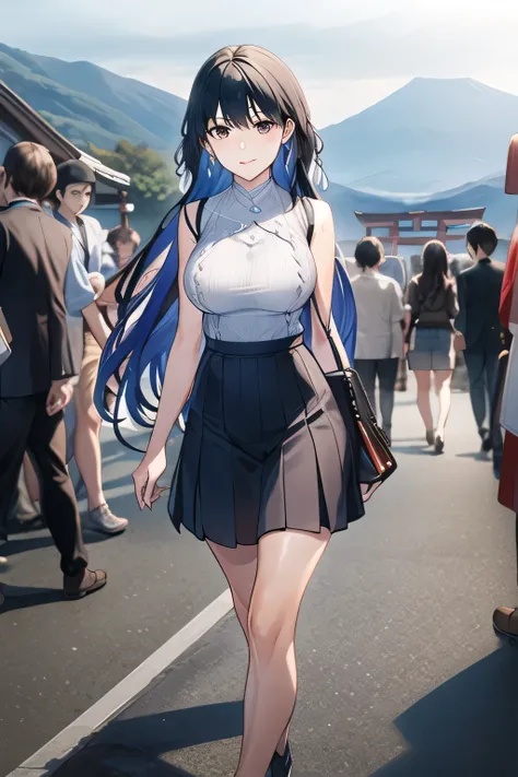 Can you draw a woman looking at the large torii gate of Itsukushima Shrine in Hiroshima,Itsukushima Shrine's main building,can you draw a woman with a nice smile、My nipples are pointed、It's see-through when it's wet,navy blue pleated mini skirt,I need a fa...