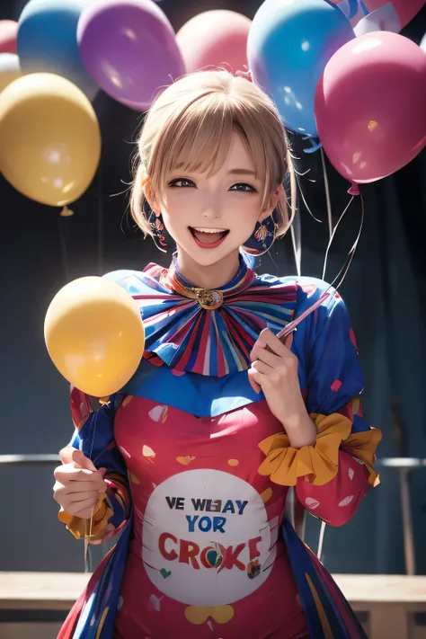 Please draw what you like.8k,balloon🎈,circus,masterpiece,8k,best-quality,pierrot,colorful,Jester's Sonnet,laugh for me,For You,laugh for me,for you,Because at what time will the day come when we can really laugh and talk,clown, CIRCUS,HD, sci-fi,