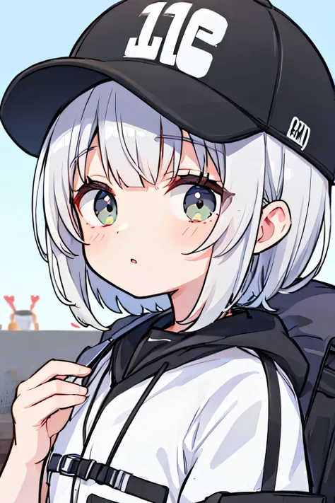  Silver Haired Short Bob,8k,masterpiece,best quality,baseball cap,HD,DETAILED, レモネード,グラス,