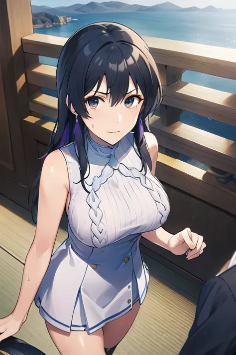 looking at the large torii gate standing in the sea,Can you draw a woman looking at the large torii gate of Itsukushima Shrine in Hiroshima??,The main hall of Itsukushima Shrine,can you draw a woman with a nice smile、My nipples are pointed、It's see-through...