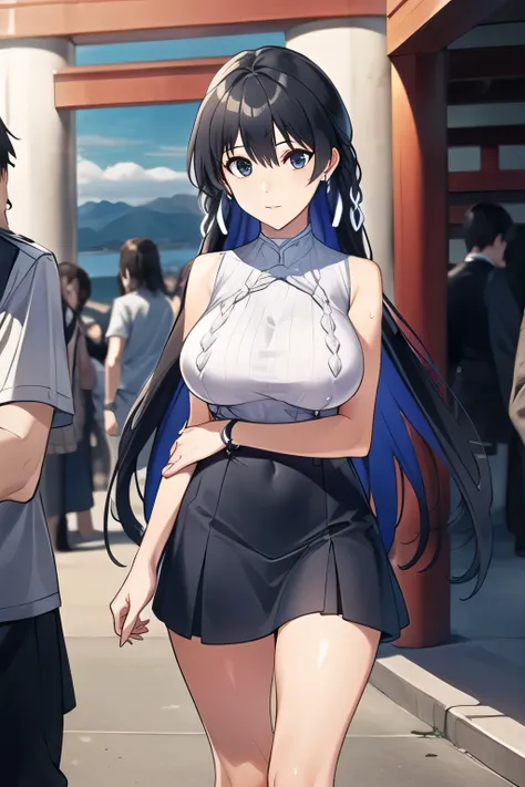 My nipples are sharp and can be seen through when wet,breasts are hidden by costumes,Can you draw a woman looking at the large torii gate of Itsukushima Shrine in Hiroshima??,The main hall of Itsukushima Shrine,can you draw a woman with a nice smile、My nip...