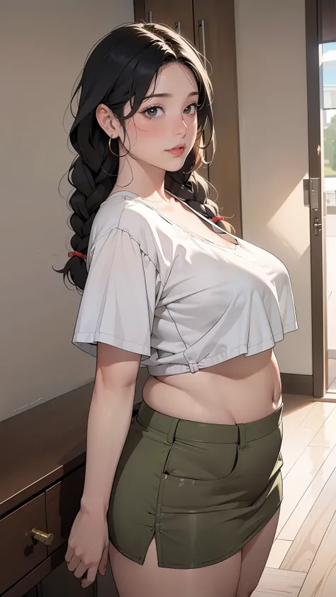 masterpiece, hi res, wacky clothes, Highest Quality, 4K, details, high definition , By NTRMAN, solo, Mature Woman, 40 years old, Mature Woman,Mother, chubby, chubby, The curvy , short, thick, thick butt,Crop top, short skirt, black hair, braids,The curvy ...