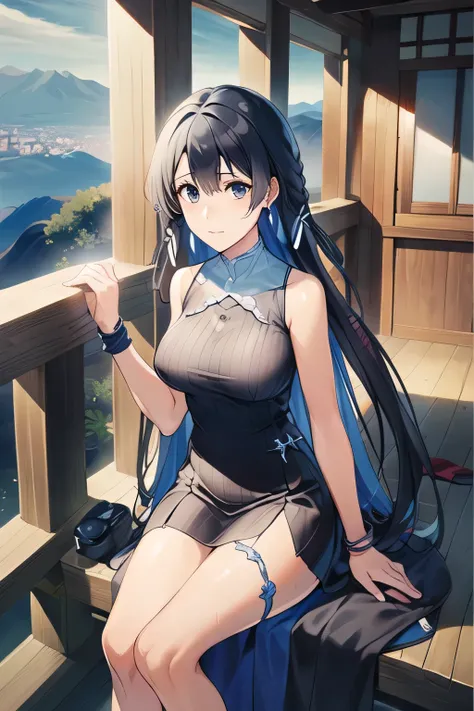 Can you draw a woman drinking tea on an observation seat in a tower that is too high in the suburbs of the forest,I need a face, beautiful smiling woman ,My nipples are pointed、It's see-through when it's wet,Her chest is hidden in a costume,can you draw a ...