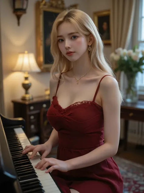 A hyper-realistic portrait of a beautiful young woman with, wavy platinum-blonde hair and fair skin, sitting at a digital piano in a warmly lit, vintage-style room. She is slim. She wears an elegant, off-shoulder deep red dress with lace trim on the sleeve...