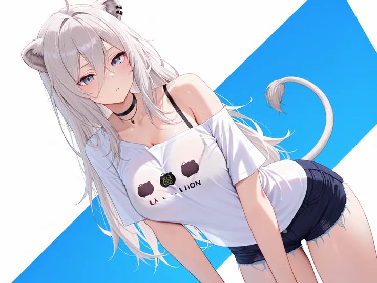 solo,masterpiece,best quality, amazing quality, highres, absurdres, very aesthetic, high resolution, ultra detailed, perfect details,botanIL, ear piercing, lion tail,botancasual, long hair, hair between eyes, off shoulder, black choker, short sleeves, whit...