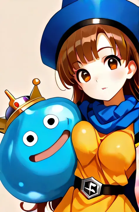 1 girl, breast press, alena, brown eyes, brown hair, curly hair, long hair, cape, dress, hat:1.3,  king slime:1.3, crown,  playful atmosphere, looking at viewer, masterpiece, high detailed, best quality, 