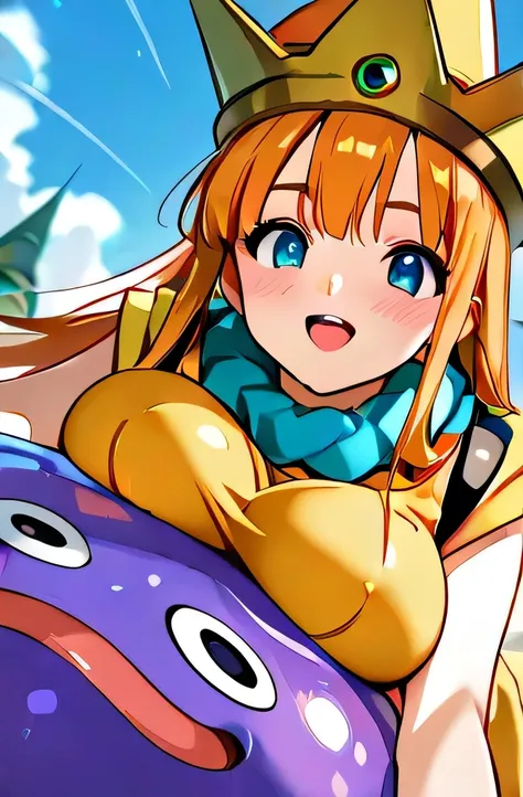 1 girl, breast press, DQ4-Arena with orange long hair,  wearing yellow dress and hat, riding on king slime blue,  playful atmosphere, looking at viewer