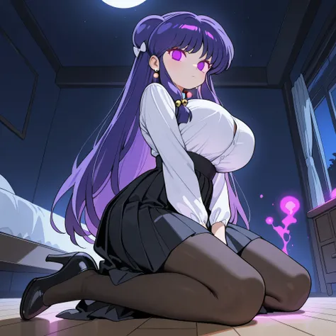 score_9, score_8_up, score_7_up, 1girl, solo, (top quality, 8k), high resolution, smooth, best quality, highly detailed, looking at viewer, bedroom at night, (dark room), ((from below)), huge breasts, glowing hypnotic waves in the background, at night, ((...