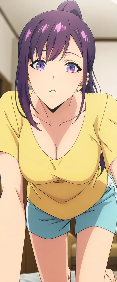anime screencap, masterpiece, best quality,

1girl, solo, parted lips,
purple hair, purple eyes, high ponytail,
JinahHome, t-shirt, yellow shirt, blue shorts, cleavage, medium breasts,
all fours, looking at the viewer,
indoors, living room, blurry backgrou...