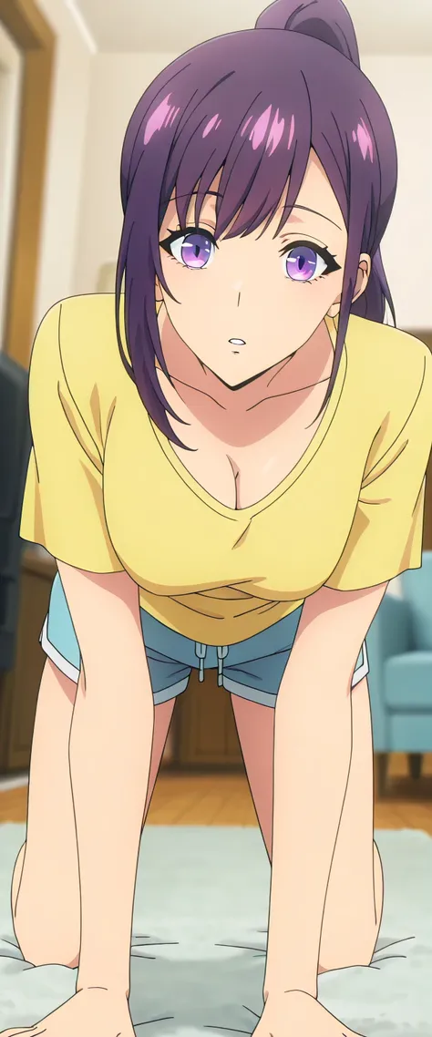 anime screencap, masterpiece, best quality,

1girl, solo, parted lips,
purple hair, purple eyes, high ponytail,
JinahHome, t-shirt, yellow shirt, blue shorts, cleavage, medium breasts,
all fours, looking at the viewer,
indoors, living room, blurry backgrou...