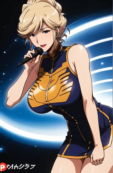 Please give me an accurate representation of hands and legs,素敵な笑face,(faceは非常に必要です),navy blue pleated mini skirt,笑face,紺色でgoldの縁取りのドレスは描けますか, gold,long hair,Draw a person singing in front of a microphone,faceが入るように計算して描いて下さい,せっかく描画してくれても作品にfaceが無いと廃棄しなければな...
