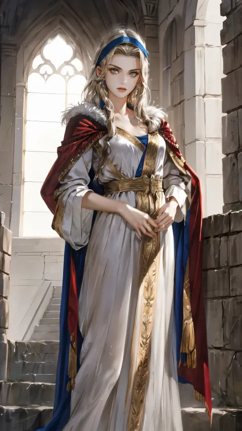 A girl with long golden hair, choppy bangs, Nordic heritage, a petite figure, delicate facial features, pale skin, porcelain skin, an innocent yet determined gaze, she wears an exquisite headband, dressed in a fantasy-style Slavic royal dress, a fur shawl ...