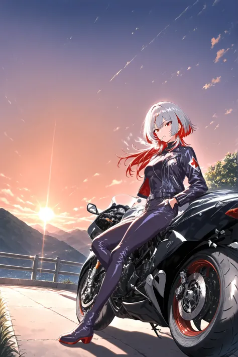 anime style, masterpiece, best quality, 4K, solo, female with wolf cut gray hair, red highlights and red inner color, red eyes, black rider jacket, tight pants, leaning against a motorcycle, on a mountain pass road with asphalt pavement and a white metal g...